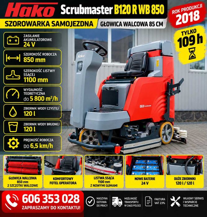 Hako Scrubmaster B120 R WB 850 – szorowarka samojezdna, szczotki walcowe 850 mm, nowe baterie