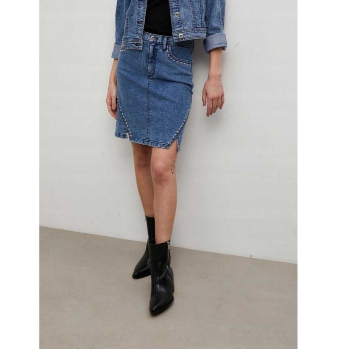 Spódnica Damska Jeansowa z Dżetami Rozcięcim Mini Bonprix XS 34 S 36