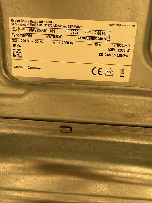 Bosch seria Professional WAYH2840/09 8 kg uszkodzona, na części/serwis