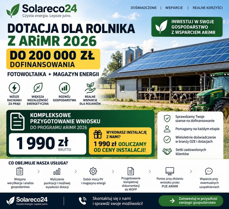 DOTACJA DLA ROLNIKÓW 2026 – Fotowoltaika i magazyn energii – DO 200 000 ZŁ WSPARCIA
