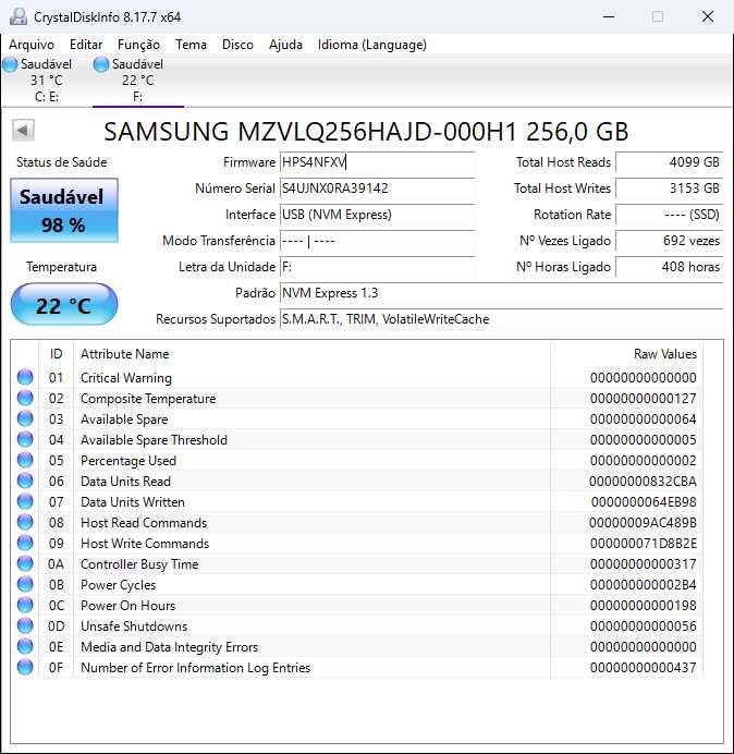SSD NVMe M.2 256GB Samsung PM991 (97% de Saúde)