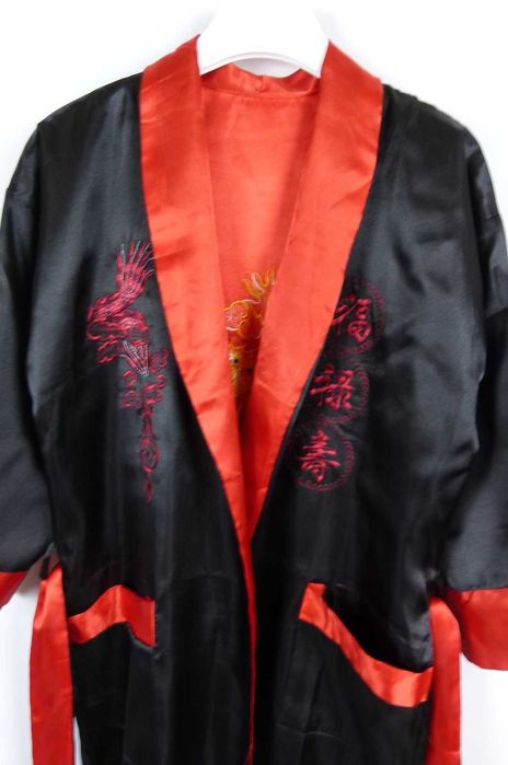 Satynowy dwustronny szlafrok wyszywany smok / S