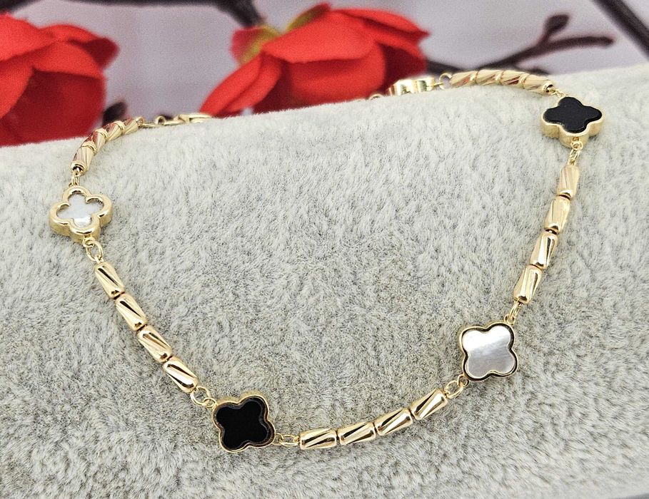 ELEGANCKA ZŁOTA BRANSOLETKA 3,76G 585 koniczyny czerń i masa perłowa