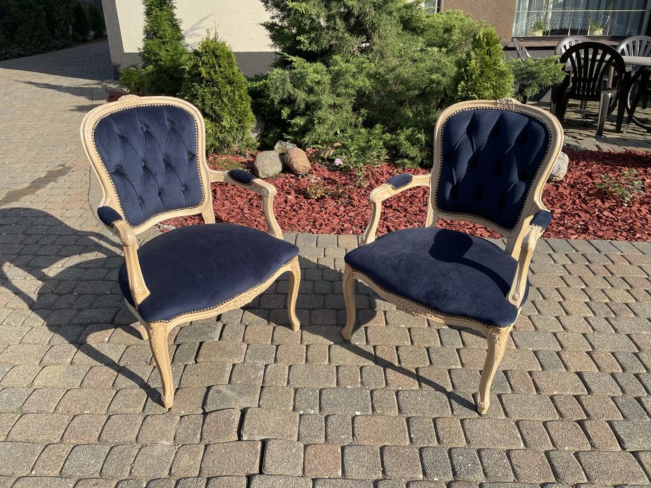 Fotel ludwikowski dąb drewno granat zieleń ława Ludwik XV renowacja