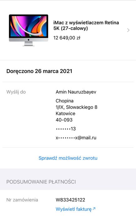 iMac (Retina 5K, 27-calowy, 2020 r.) Srebrny