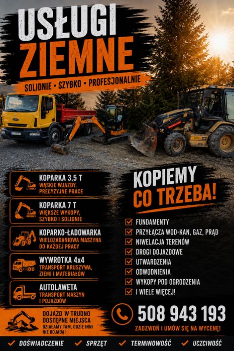 Uslugi ziemne ,koparko-ladowarka Minikoparka koparka obrotowa wozidlo budowlane wyrotka 4x4  budowa domu wywoz urobku szybko i kompleksowo