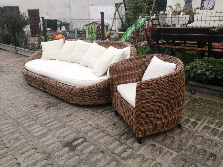 Sofa rattanowa fotel rattan NATURALNY gruby oplot KOKON na Ogród Taras kanapa krzesło