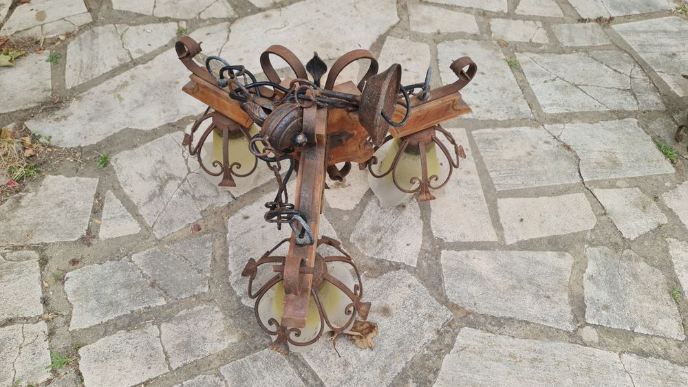Antique brass and wood ceiling lamp.