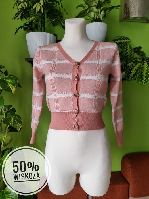 Krótki kardigan sweter kratka krata retro preppy wiskoza S 36