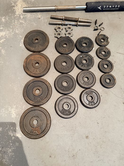 Conjunto Barra Musculação + Halteres + 42kg Discos