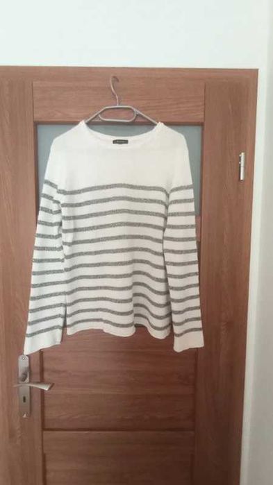 Sweter Massimo Dutti M 38 z wełną pasy paski srebrna nitka  biały ecru