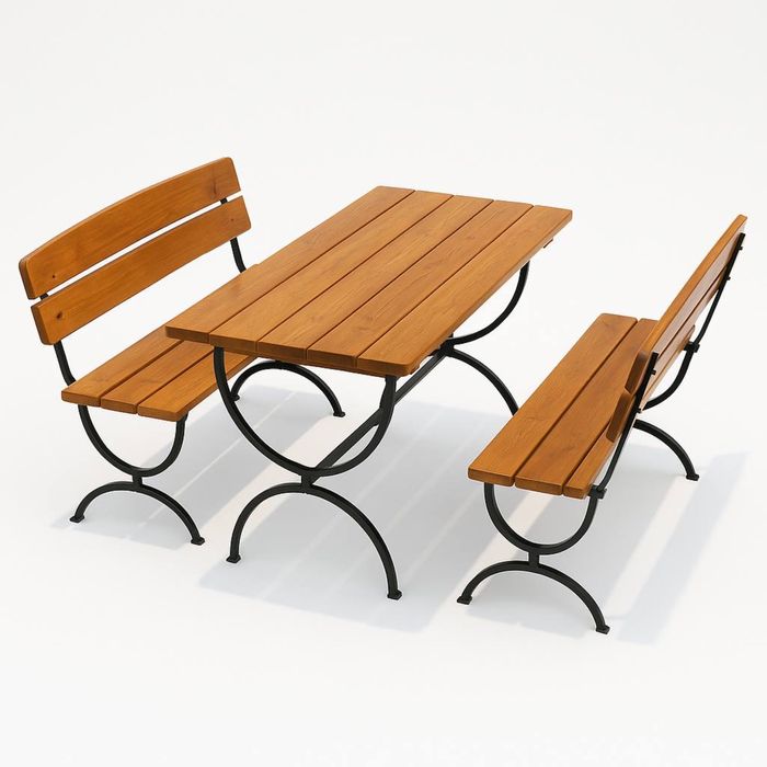 Zestaw ogrodowy składany – stół + 2 ławki – drewno i metal