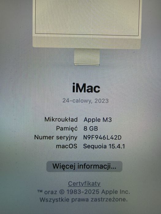 Komputer APPLE iMac 24 4k 23.5" Retina M3 10R GPU 8GB RAM 256GB SSD macOS Srebrny