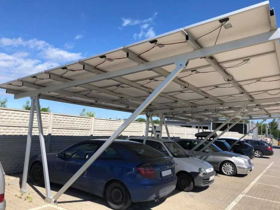 Carport aluminiowy dwustanowiskowy pod 18 modułów Fotowoltaika