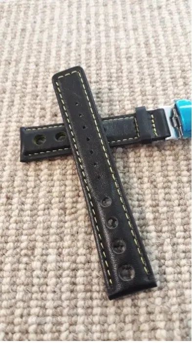 Bracelete Pele Preta Pespontos Amarelo 20mm Cauny Heuer Tissot