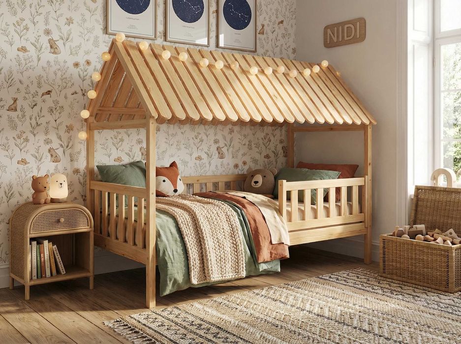 Łóżko domek NIDI drewniane wyższe barierki ochronne 80x180