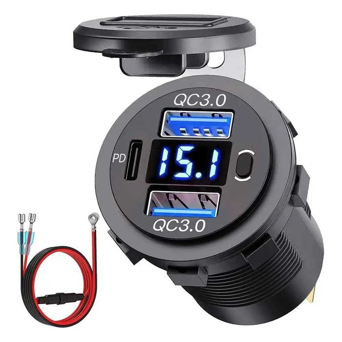 Tomada USB Tripla QC3.0 de encastrar redonda(Autocaravana / Campervan)