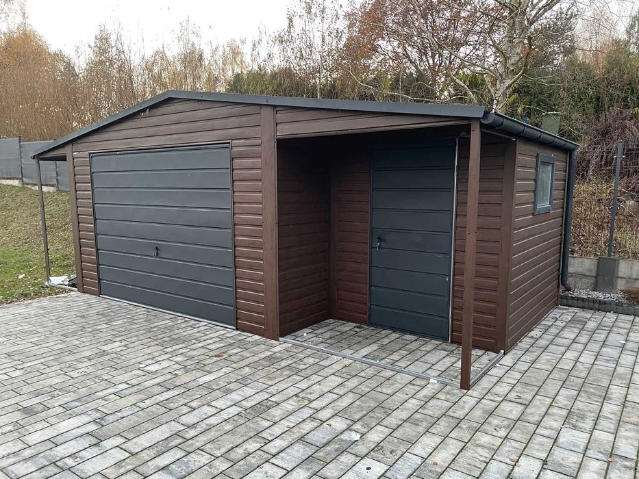 Garaż Blaszany drewnopodobny z wnęką 5.5x5m + 1.5x5m wiata Panelowa