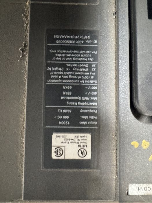 SIEMENS SENTRON WL1SF312 1200A 600VAC – Wyłącznik mocy