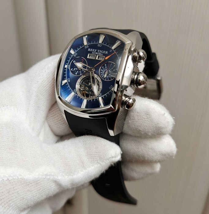 Чоловічий годинник Reef Tiger Aurora Tank 2 Automatic Blue 100m Крупні
