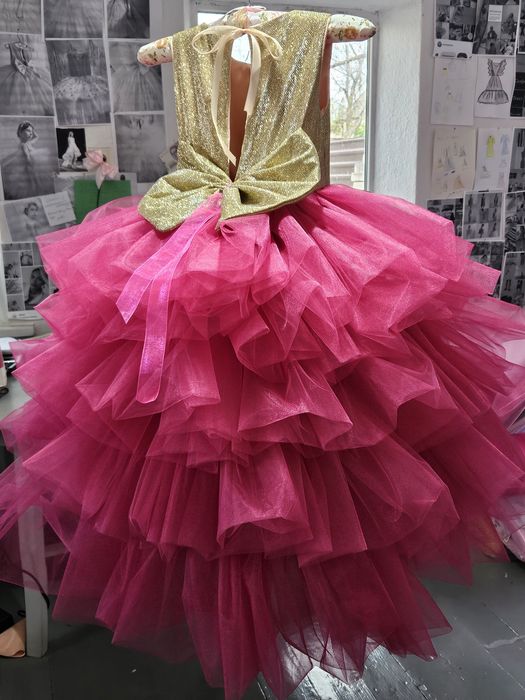 Платье пышное длинное на девочку 10 лет малиновое золото с бантом