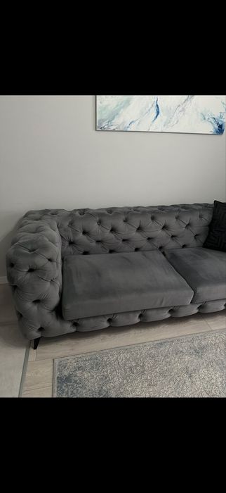 Sofa welurowa CHESTERFIELD na wymiar | szara | premium | stan bardzo dobry