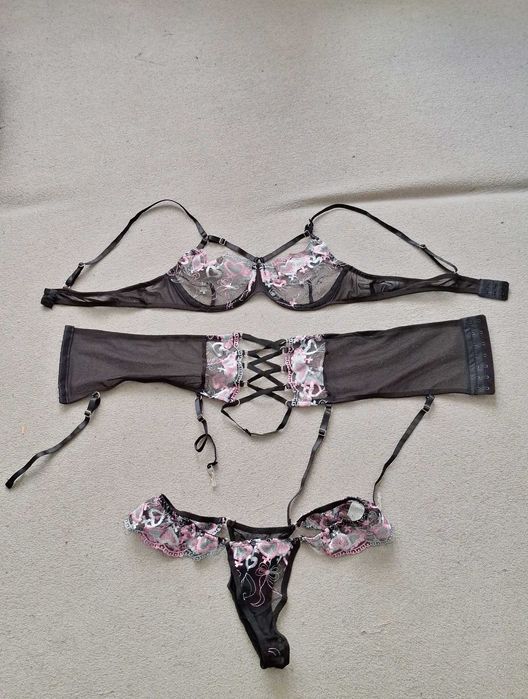Sexi bielizna erotyczna damska koronka komplet L M różowa czarna