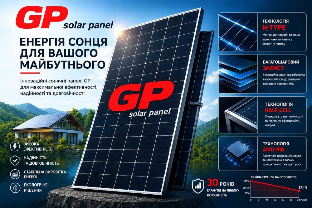 Сонячні панелі GP Solar Panel 600-630 Ват Двостороння, монокристал.