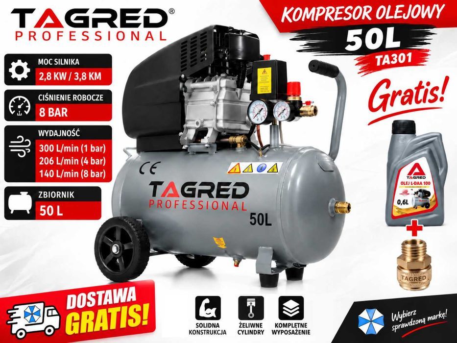 Darmowa Dostawa + Gratisy Kompresor Olejowy 50L Sprężarka Olejowa 50L Tagred TA301 kompresor 50l sprężarka 50l kompresor sprężarka tagred kompresor