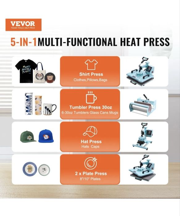 Prensa Térmica VEVOR 5em1 com prensa para canecas, chapéus e pratos