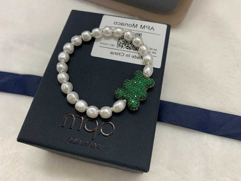 APM Monaco Modna Bransoletka - Zielony Miś z Perłami