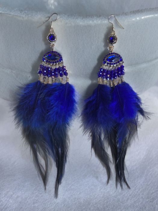 Kolczyki India Bohemian - zjawiskowe Pióra z kryształkami, Royal Blue