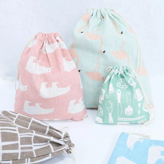 Lot of 2 Linen Bags (Flamingos + Plain) with Drawstring!64553269431297124