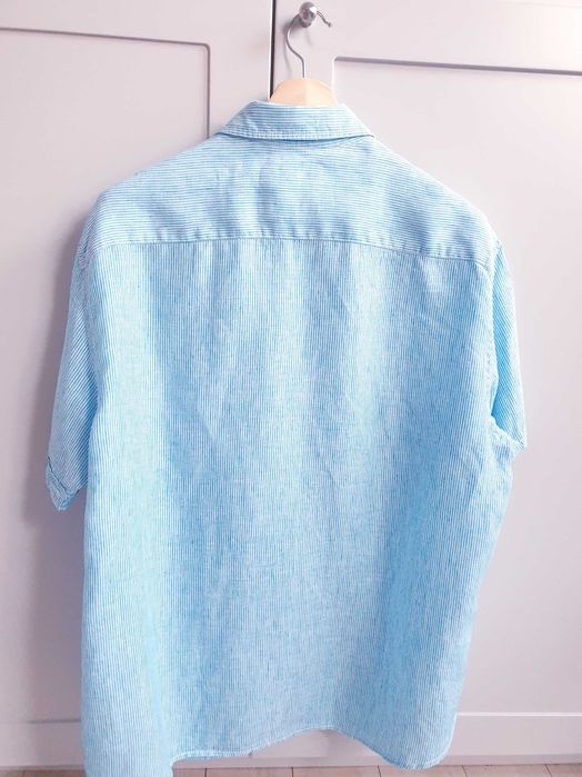 Biała turkusowa koszula w paski lniana 100% len męska Blue Harbour XL