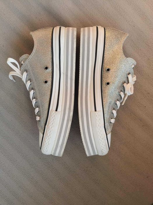 Srebrne buty, converse na platformie, brokatowe trampki, 39, 24,5cm