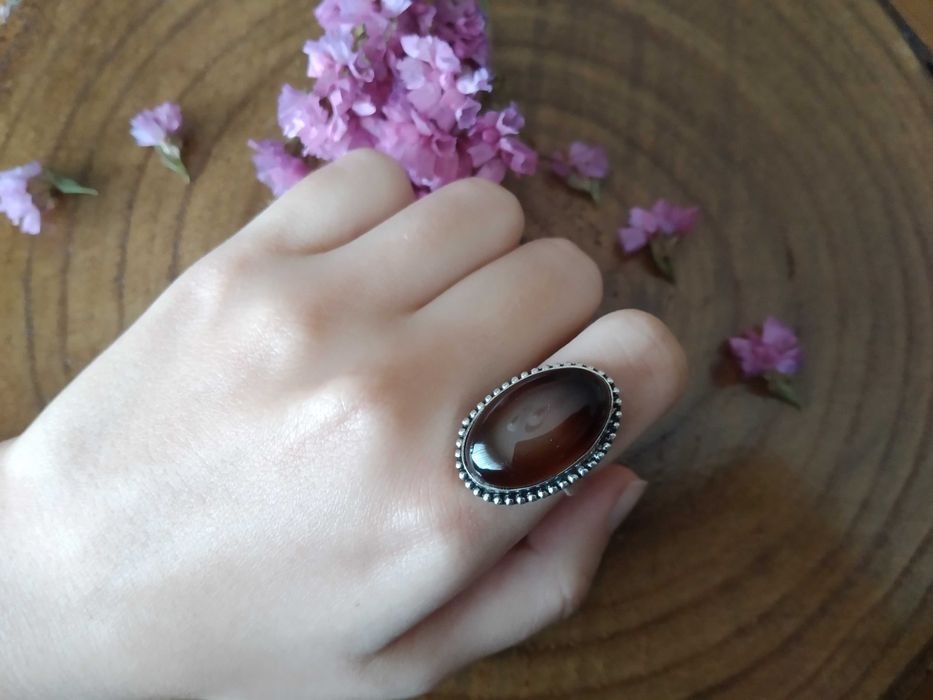 (NOVO, PORTES GRÁTIS) Anel Indiano de Prata 925 e Ágata Feito à Mão