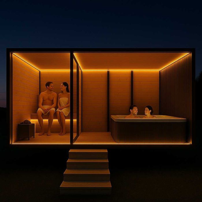 Mobilna sauna z jacuzzi piecem schodki balia basen transport