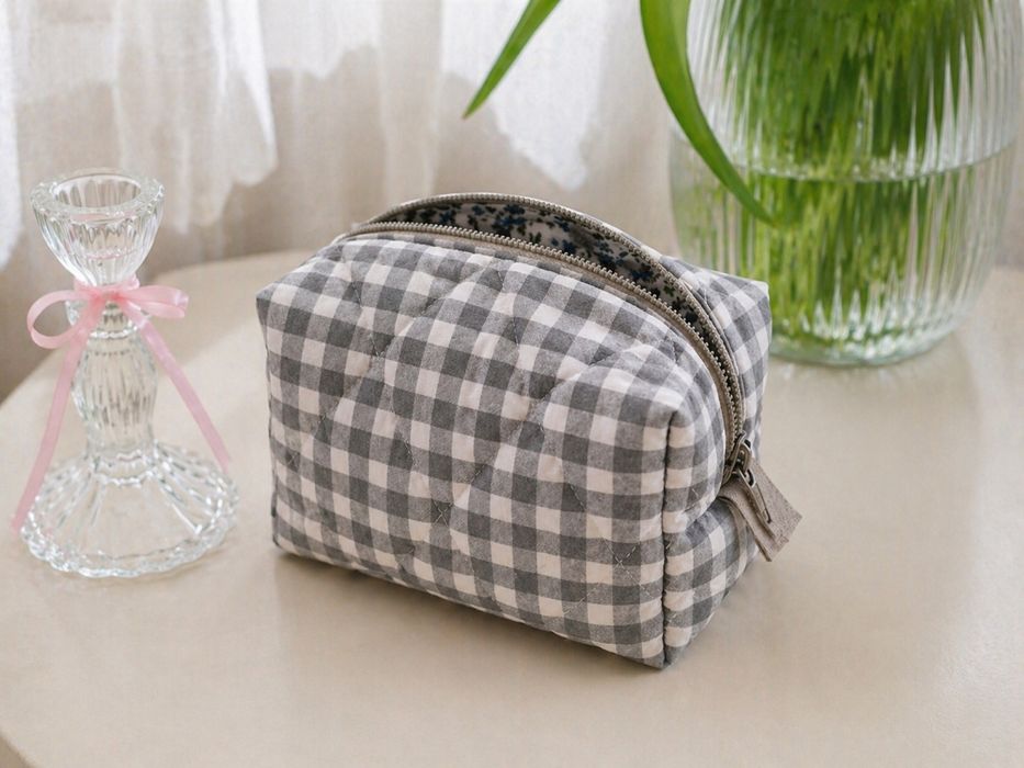 Kosmetyczka w kratkę handmade szara