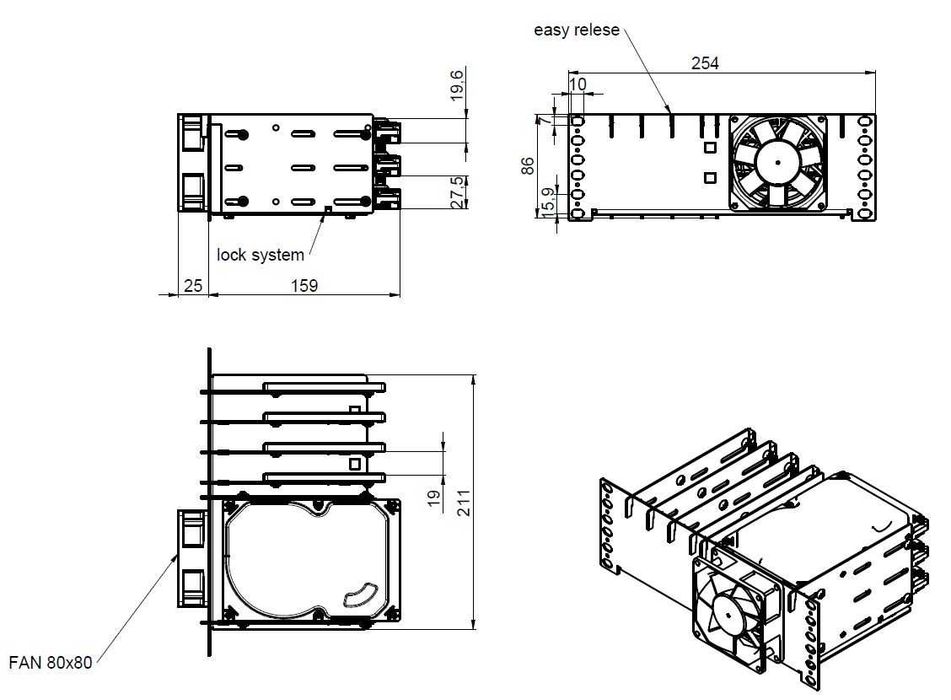 R-CASE - HDD Holder 10" RAW (ocynk), uchwyt do montażu 3x HDD, 4 x SSD