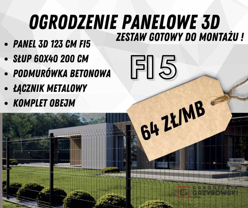 Ogrodzenie panelowe 123 cm fi5 + Podmurówka - ZESTAW GOTOWY DO MONTAŻU