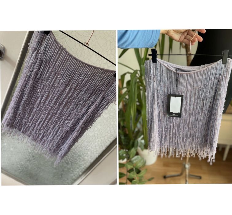 wrzosowa cekinowa spódnica mini z frędzle xl 42 L 40 zdobiona