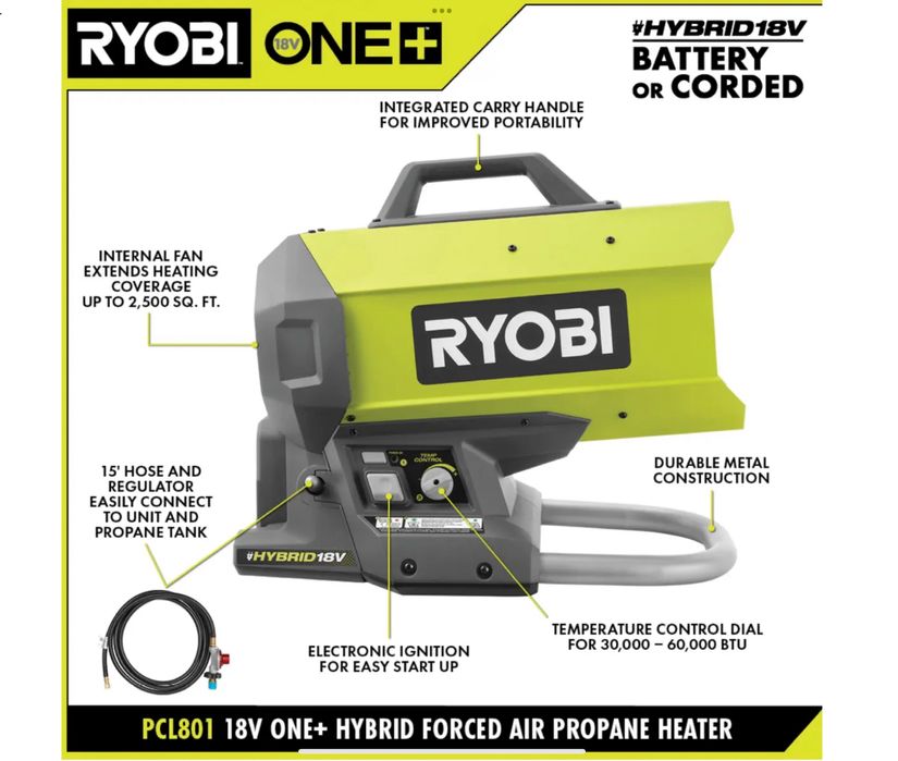 Газовая гибридная аккумуляторная пушка RYOBI PCL801B 18v ONE+, 230v