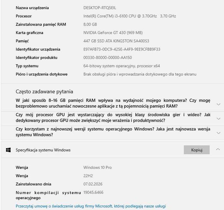 Komputer  i3-6100  8GB DDR4 2133  SSD 480GB  Win 10 Pro ngr.DVD