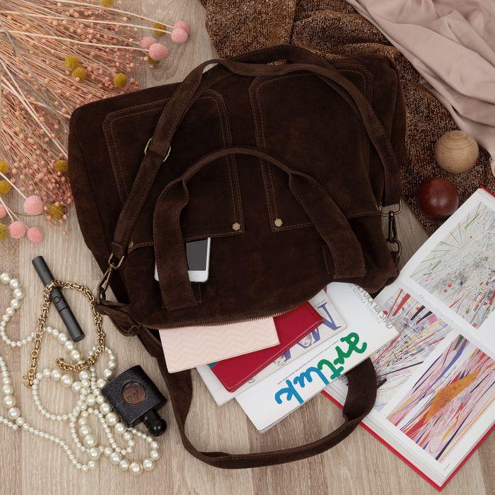 VERA PELLE torebka damska zamszowa shopper z paskiem V685 c.brązowa