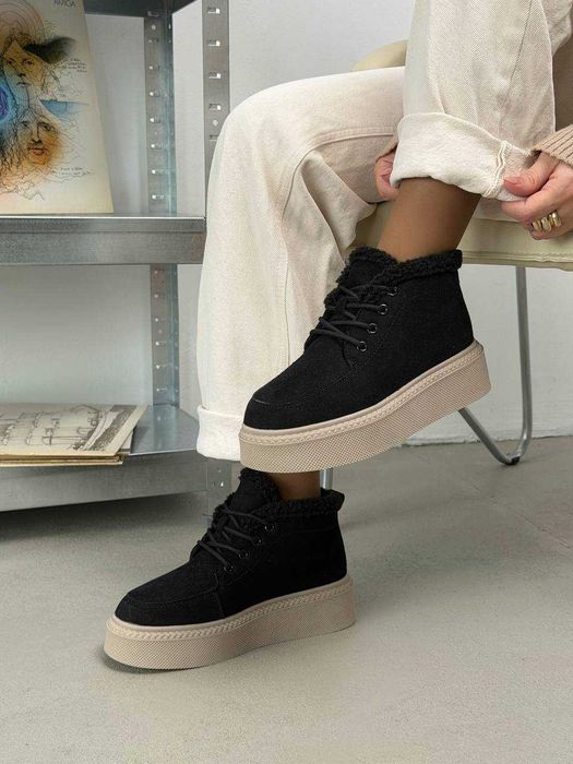 Жіночі зимові кросівки-черевики чорні, на хутрі, 36-41, замшеві