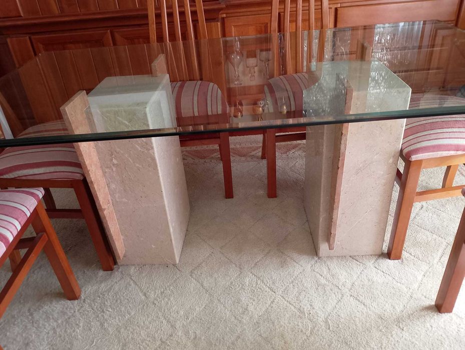 Mesa Mármore de Sala + 6 cadeiras cerejeira