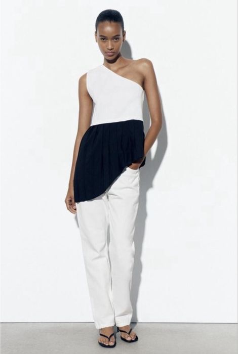 Блуза,топ,майка на одне плече,в рубчик,ажурна,біла з чорним,zara S