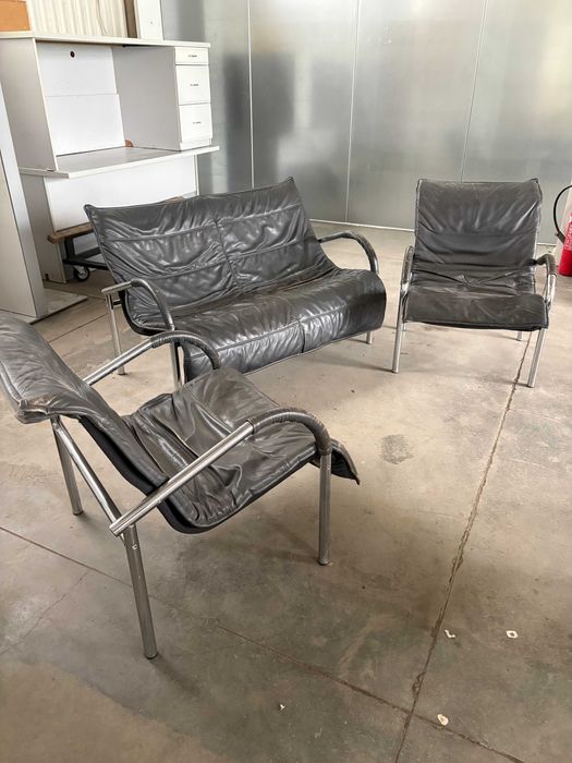 krzesła skóra , foteliki, sofa , stolik - metal chrom