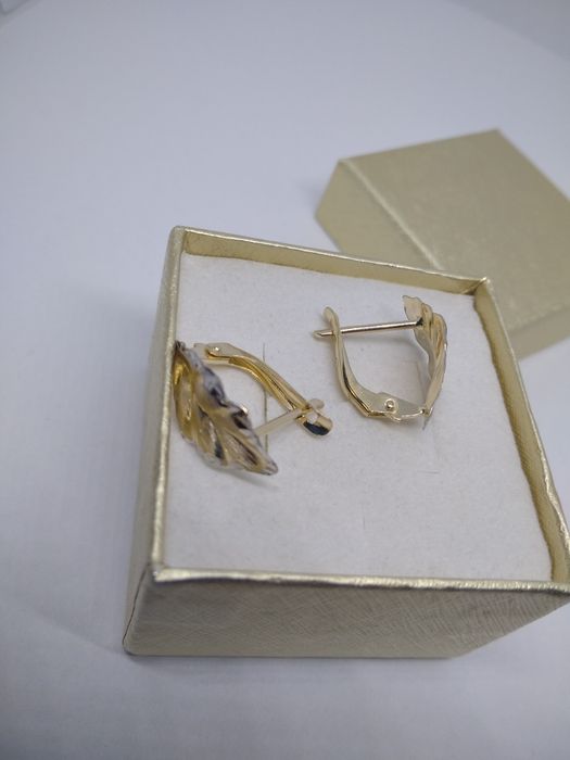 Złote kolczyki listki z białym złotem 585   570