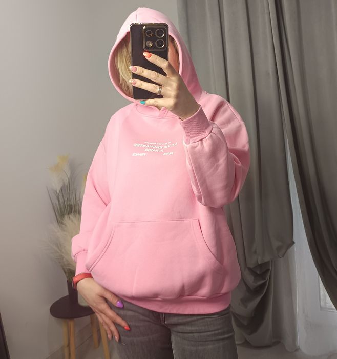 Bluza damska oversize z kapturem kieszeń kangurka pudrowy róż